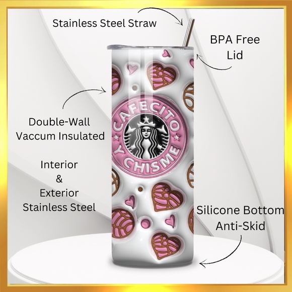 Cafecito y Chisme - - 20oz Tumbler Stainless Steel - Design created by me - Picture 3 of 6